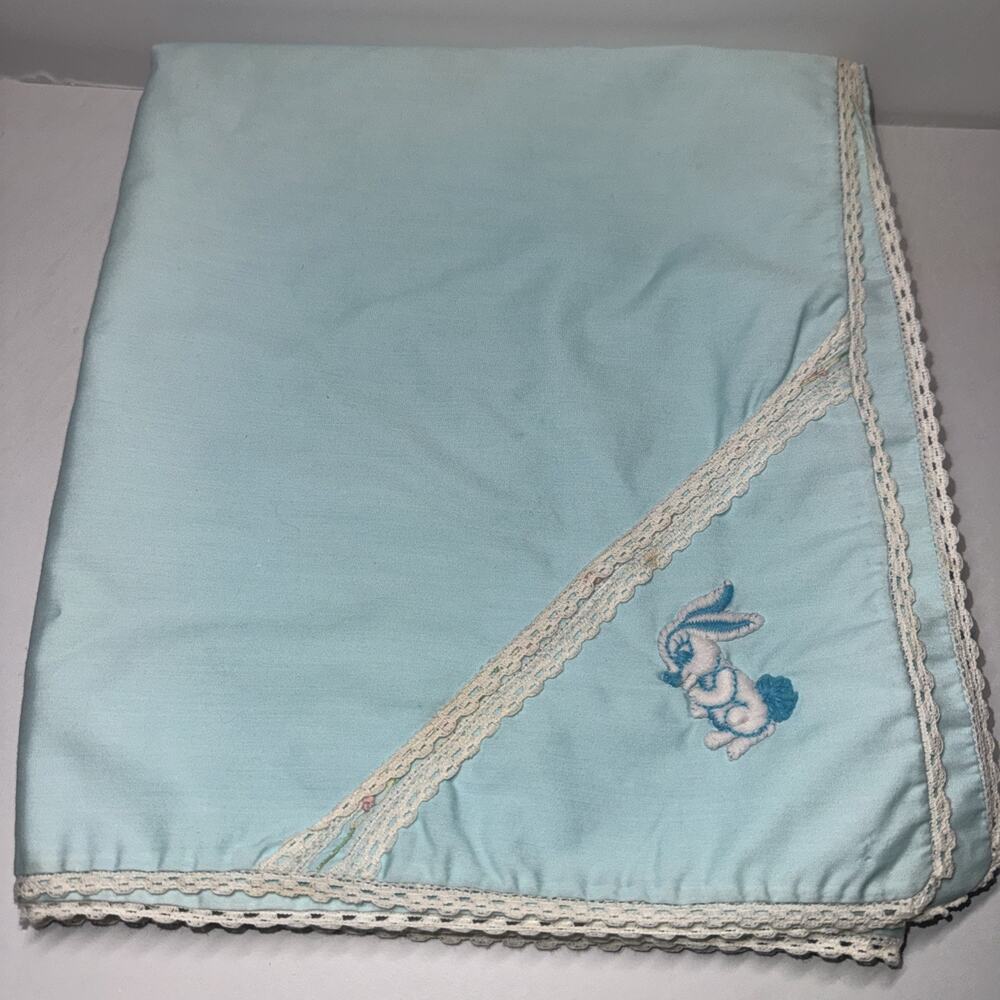 Vtg 60s 70s Baby Blanket Blue Embroidered Bunny Crochet Lace Cottagecore 43x39”